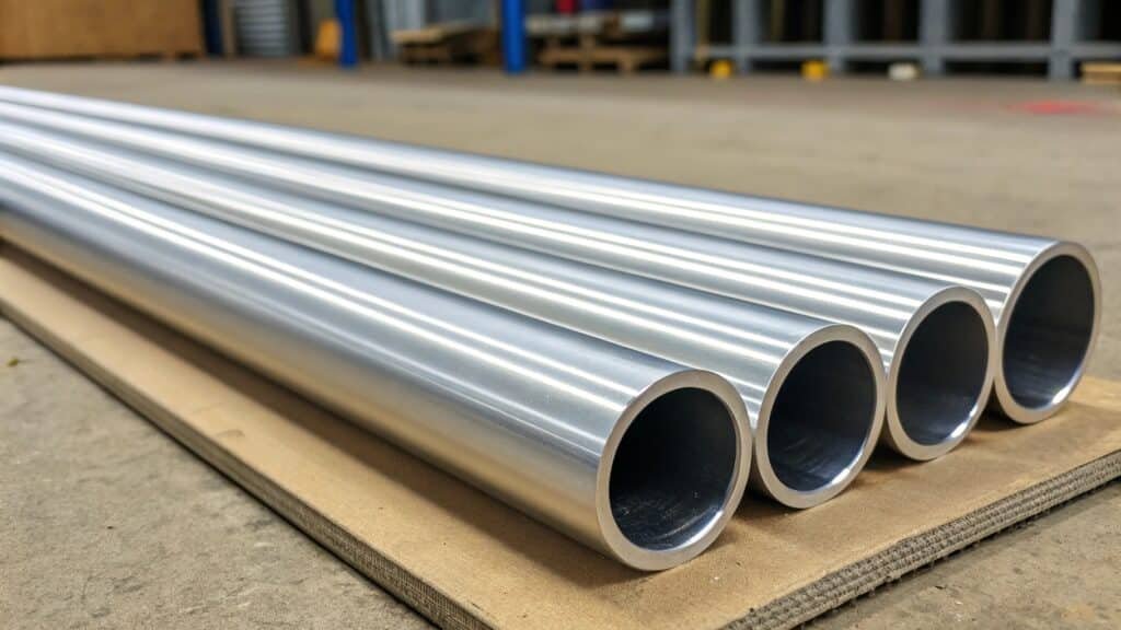 alt text: Aluminum tubes cut to standard lengths in a warehouse